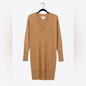 Tan Deep V-Neck Sweater Dress